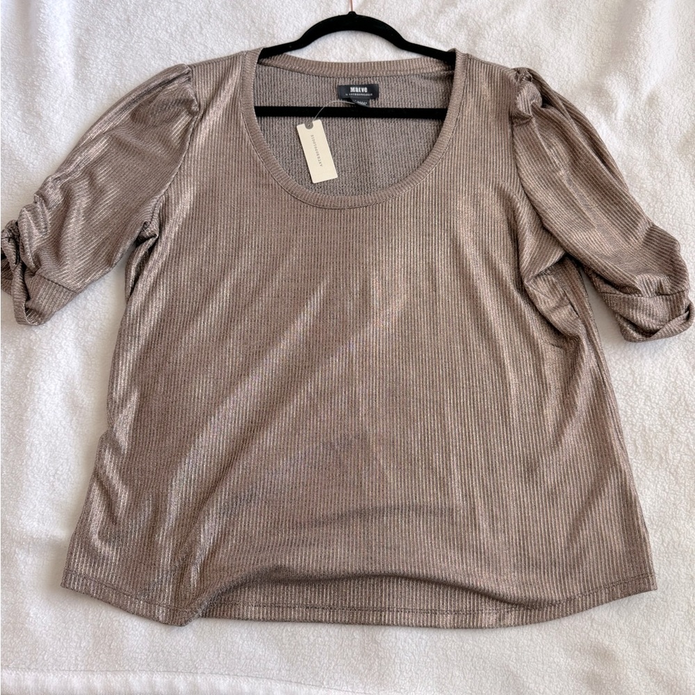 Dark rose gold ribbed metallic puff-sleeve Anthropologie top, NWT